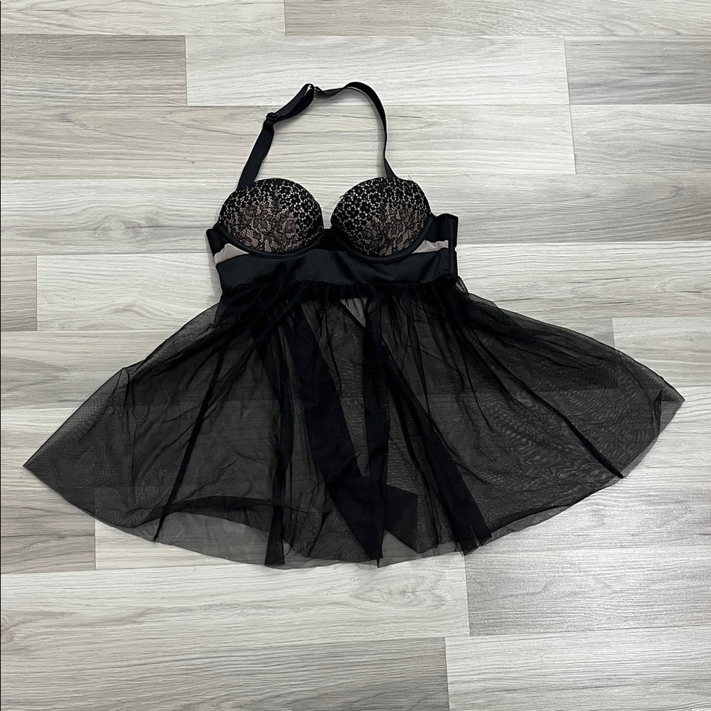 Victoria Secret Negligee Push Up 32B/B70 Black Underwire Halter Strap TC0486
